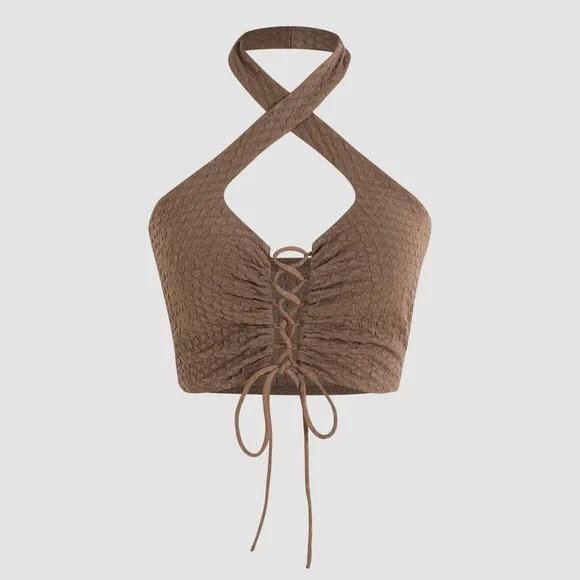 Cider Cut-Out Halter Tank Top with Corset Front + Cross Neck Tie in Brown | S - Picture 4 of 9